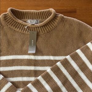J. Crew Tan and White Striped Crewneck Sweater
